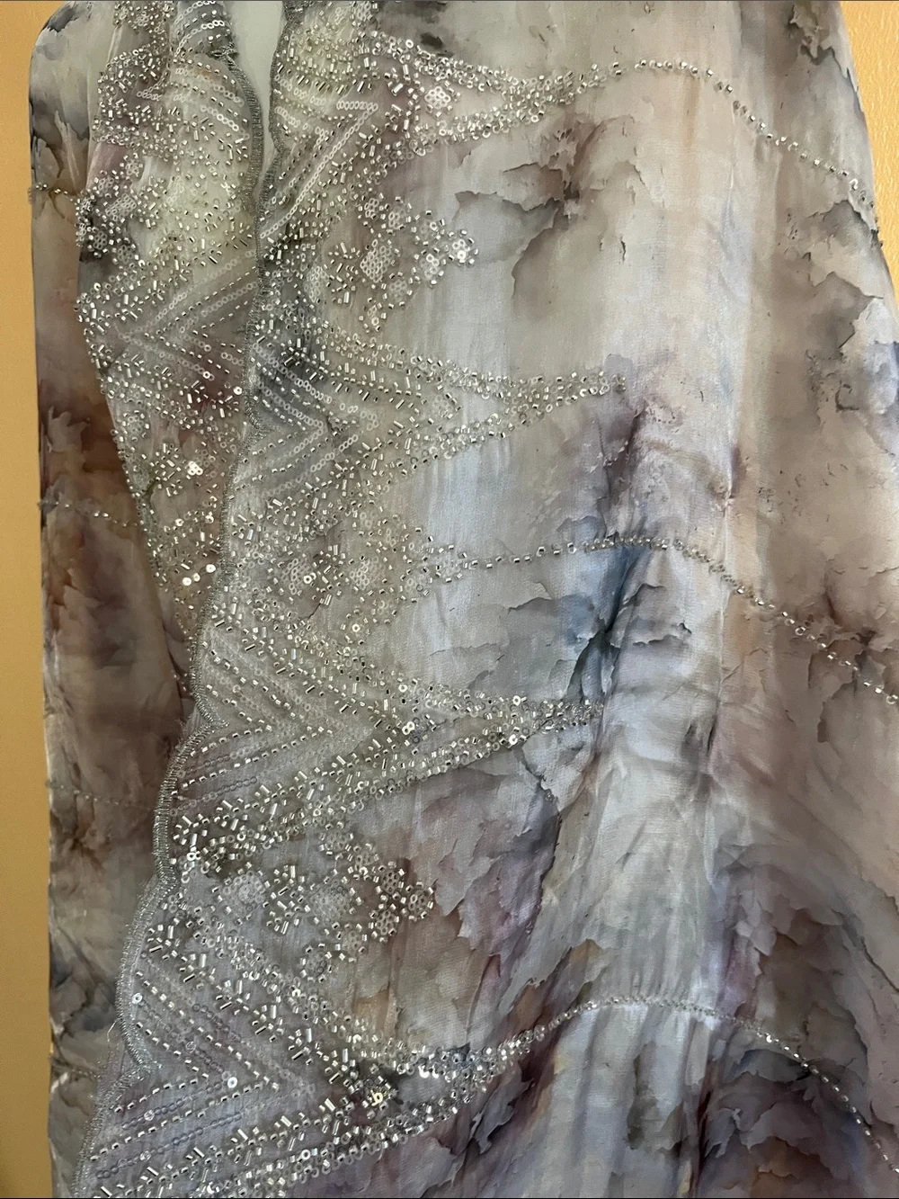 Unique Vintage Sheer Floral Scarf Wrap in Light Gray and Silver